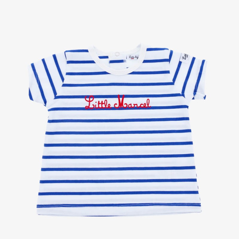 T- shirt manche courte rayé marin bleu et blanc imprimé Little Marcel rouge