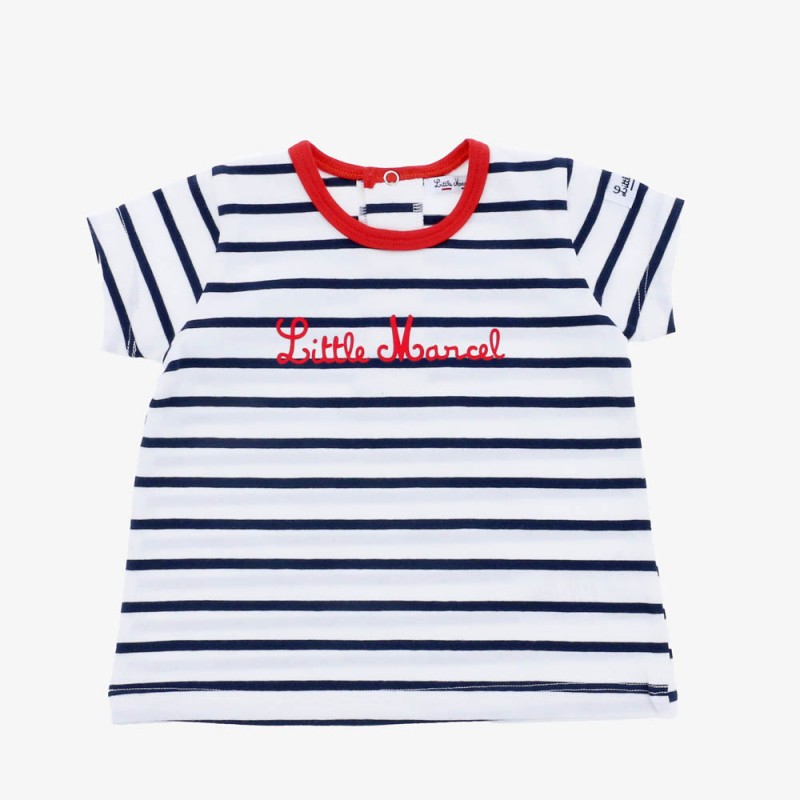 T- shirt manche courte rayé marin bleu marine  et blanc imprimé Little Marcel rouge